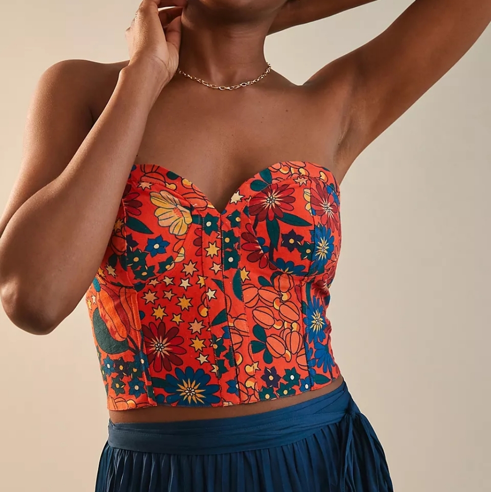 Farm Rio x Anthropologie Structured Red Floral Corset Crop Top